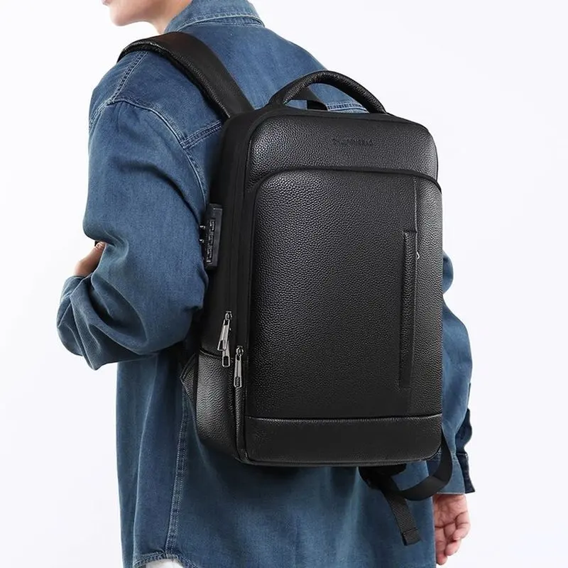 New Men's Password Lock Laptop Backpack with USB, 180 Degree Opening, PU Leather Waterproof Travel Backpack Business Handbag 23