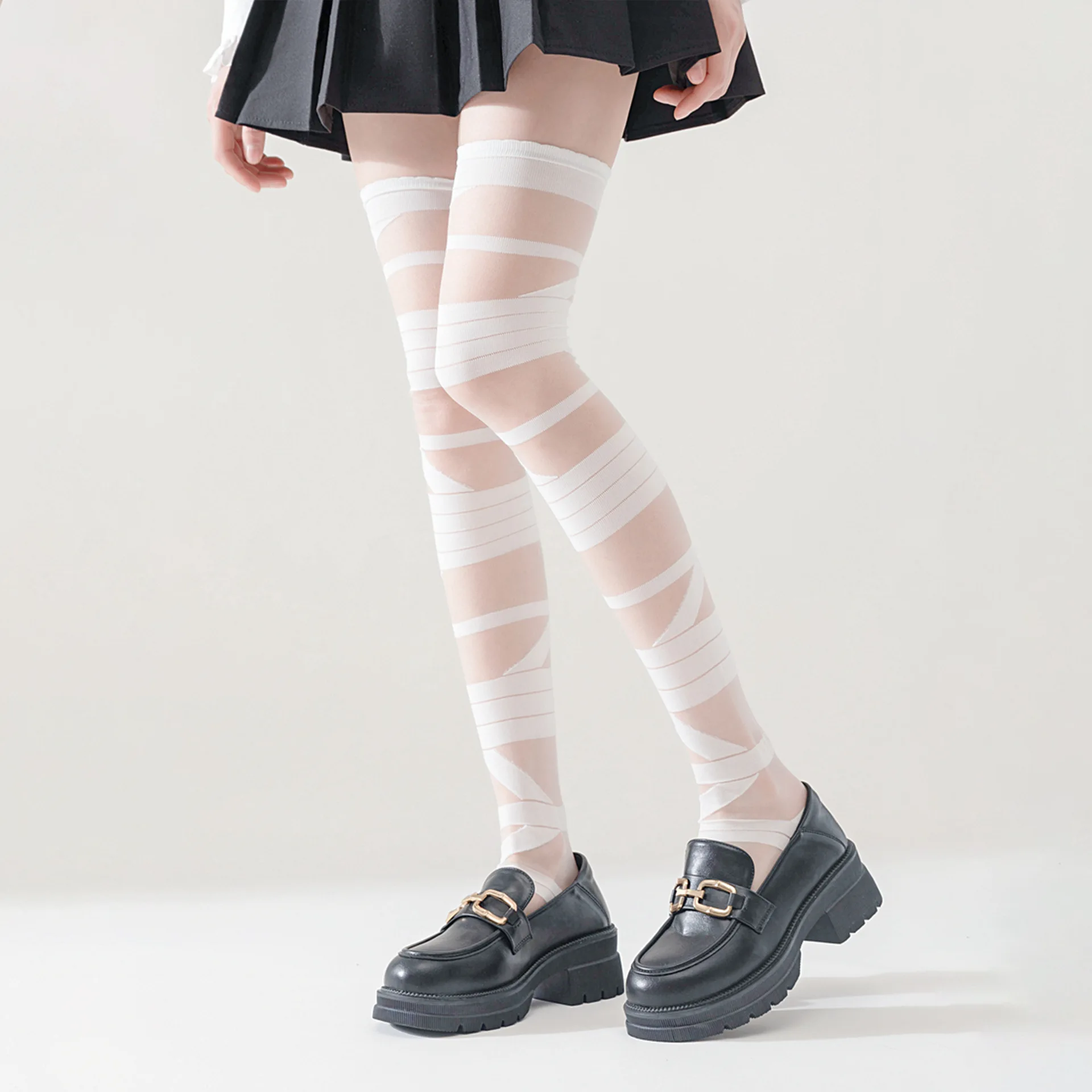 Stockings Women Thin Lolita Cute Girl Black Thigh High Socks Cross Bandage White Over the Knee Stockings