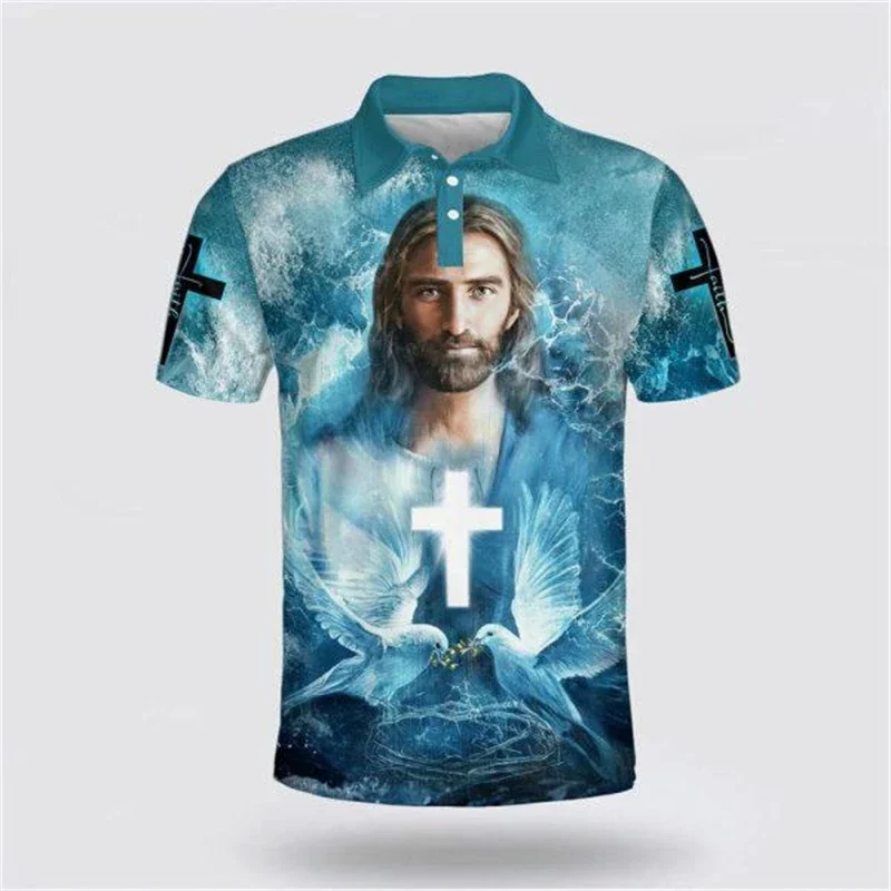 3D Printing Christ Jesus Pole Summer Short Comics Shirt Large Size Casual Top Loose Street Clothes Button Shirt