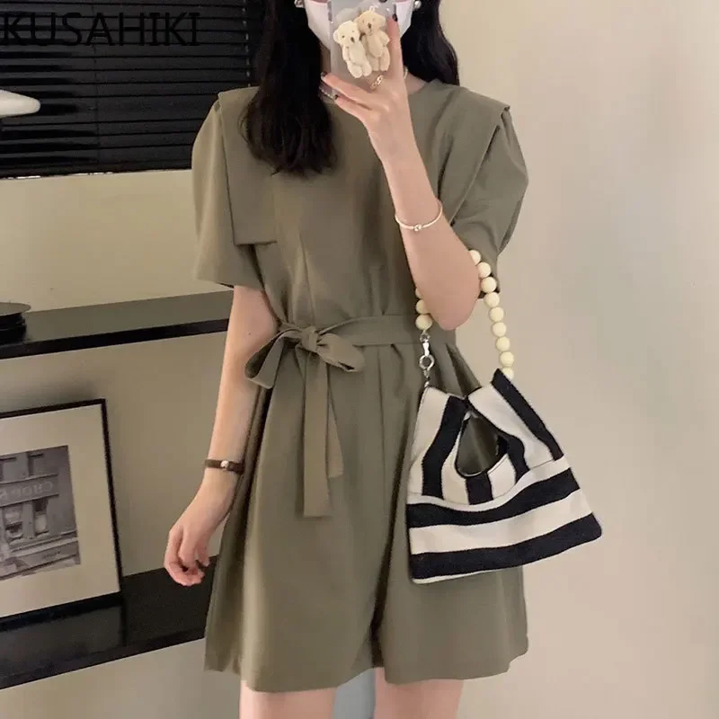 

KUSAHIKI Korea Chic Summer Women Playsuits Fashion Puff Sleeve O-neck Femme Rompers 2023 New Bandage Slim Wiast Bodysuits