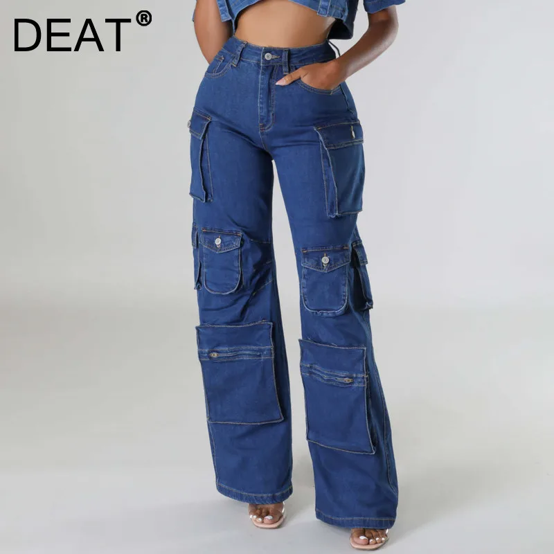 DEAT 2024 Winter New Arrival Fashion High Waist Denim Pants For Women Trendy Wide Leg Pocket Casual Jeans Female 33A2322