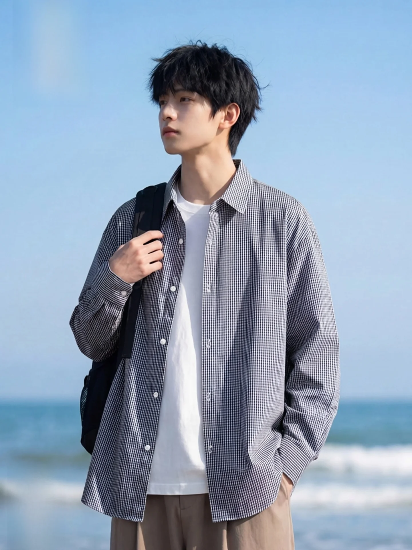 

Классическая мужская рубашка в клетку с длинным рукавом, весна-лето, повседневный стиль, модная, из смесового полиэстера и хлопка, весна-осень