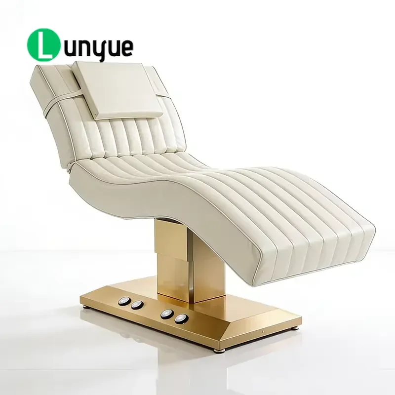 Luxury Massage Bed Gold Stainless Steel Base 2 Motor Foot Control Curved Beauty Furniture for Eyelash Care
