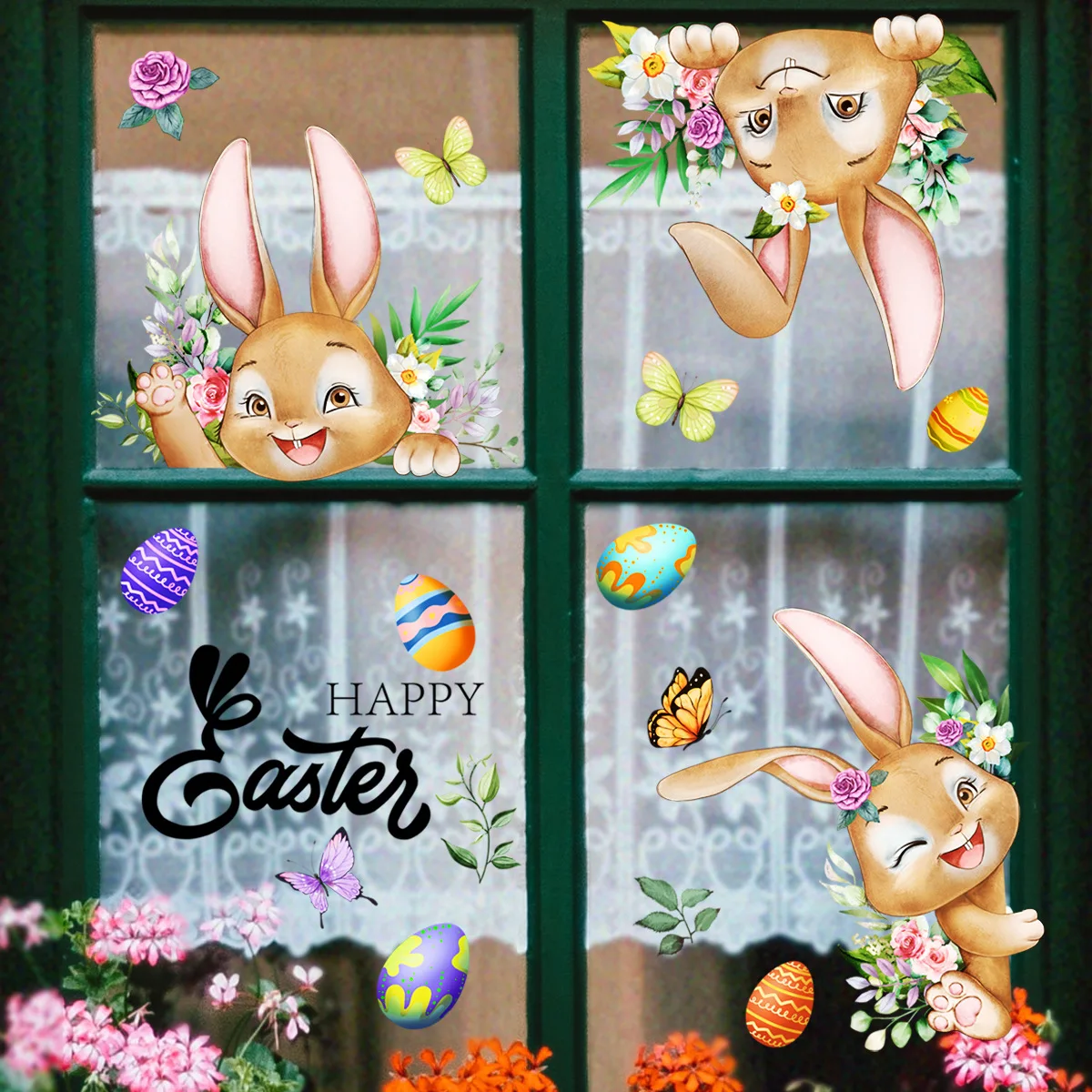 Autocollants de fenêtre lapin de dessin animé, décalcomanies en verre bricolage, joyeuses Pâques, autocollant de fleurs d'oeuf de lapin mignon, décorations de Pâques, printemps, 2025