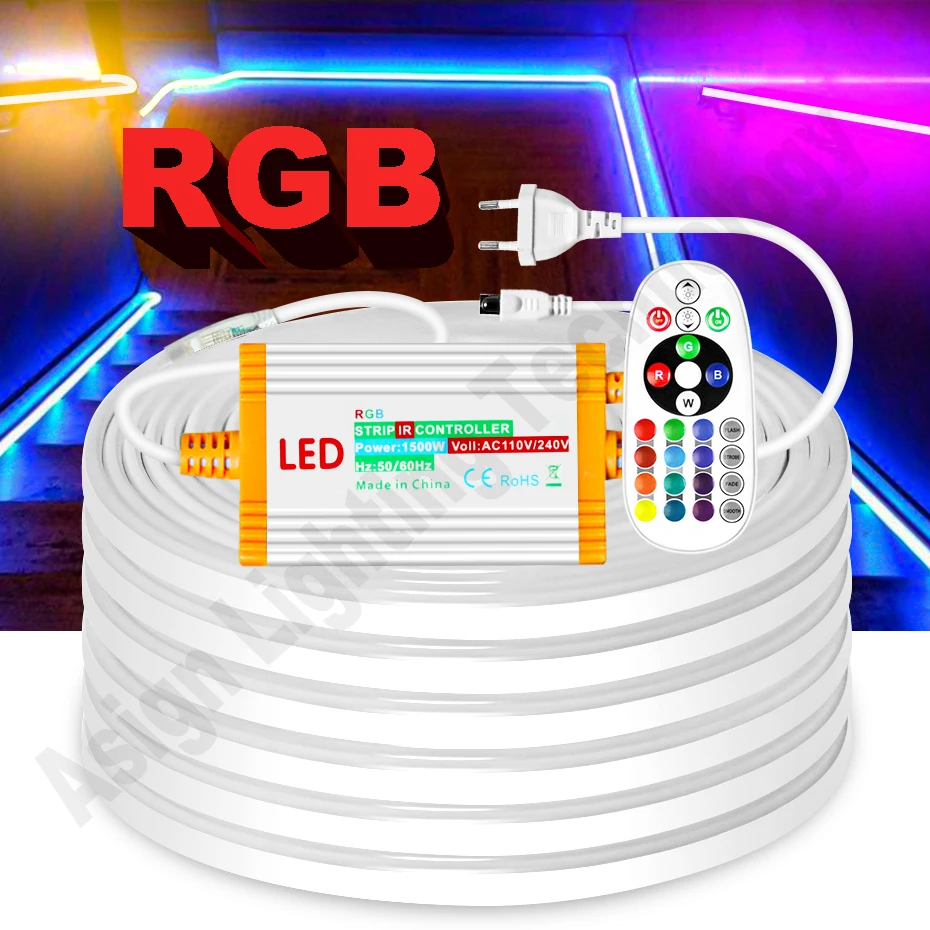 RGB Neon LED Strip 220V Flexible Rope Light 1M-100M IP67 EU Plug with 1500W IR Controller Color Changing Tape for Home Decor