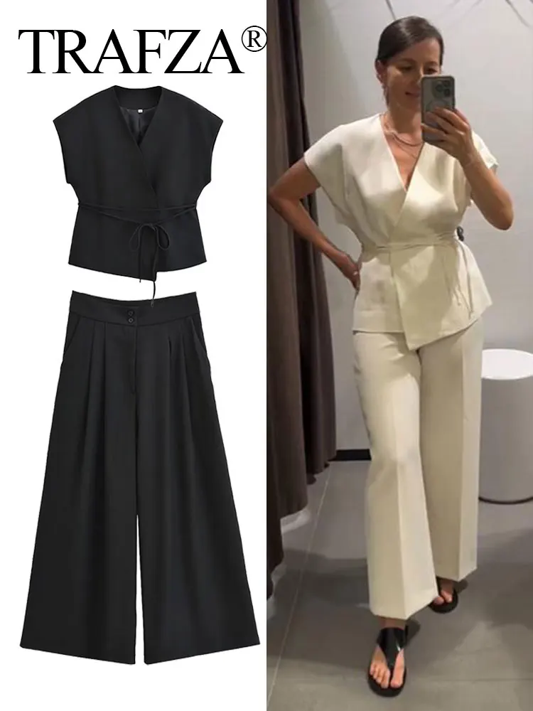 TRAFZA 2024 Women\'s Fashion Solid Suits Sleeveless V Neck Lace Up Top+A-Line Wide Leg Pleated Pants Elegant Office Lady Set