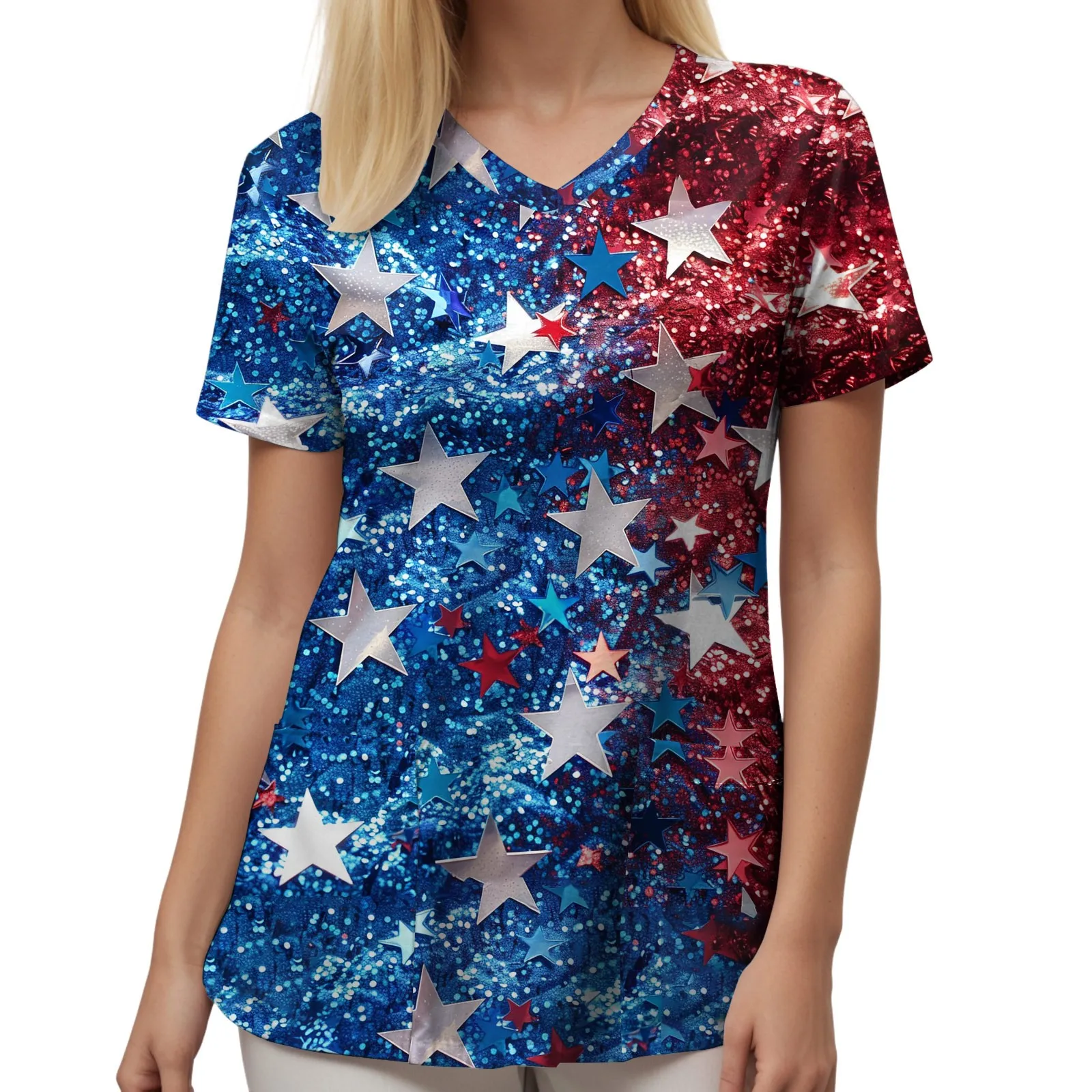 

Женские скрабы, топы, новинка 2025 года, повседневная футболка с короткими рукавами и принтом американского флага, летние топы, медицинская униформа для кормления, предложение