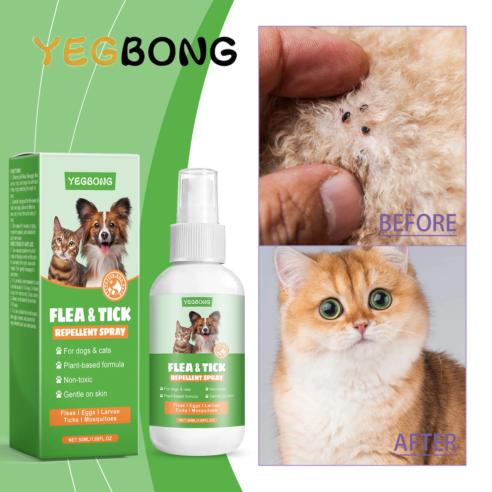 YEGBONG 50ml Pet Flea Mite Defense Spray Hypoallergenic Gentle Coat Care for Dogs and Cats with Non Toxic Plant Based Formula