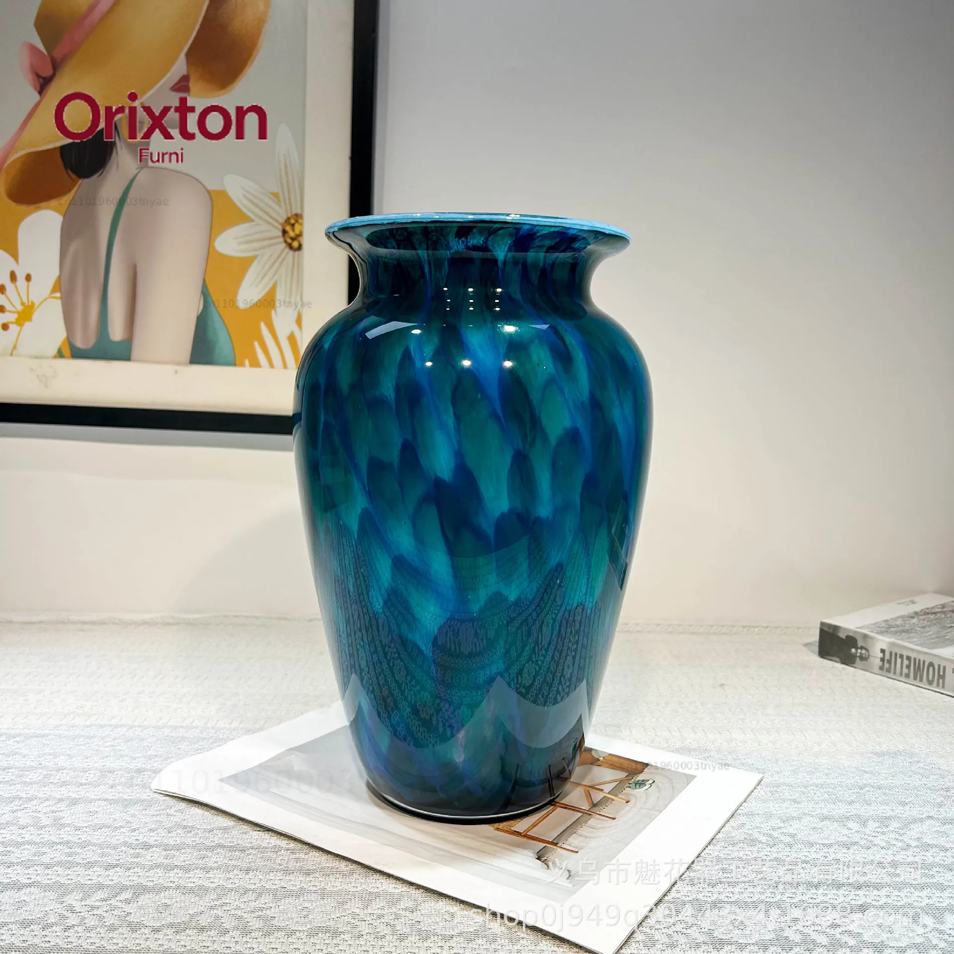 A creative handcrafted glass vase with peacock feathers in a medieval style