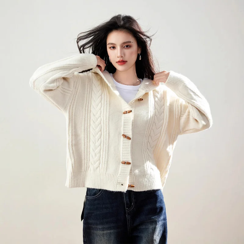 2024Autumn and Winter New Retro Fashion Soft Glutinous Loose Hooded Horn Button Cable-Knit Sweater Knitted Cardigan Coat for Wom