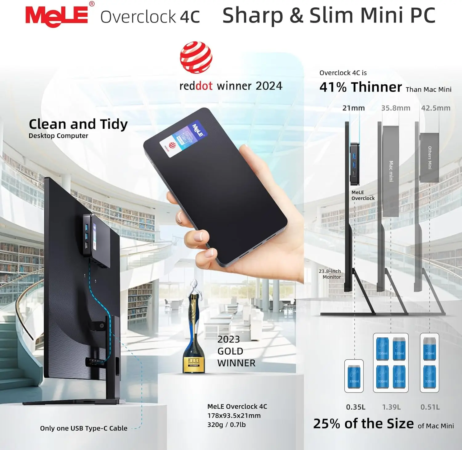 MeLE Slim Mini PC Overclock4C N300 32GB RAM,512GB Storage,Mini Desktop Computer,Triple Screen Display,Full Function USB-C