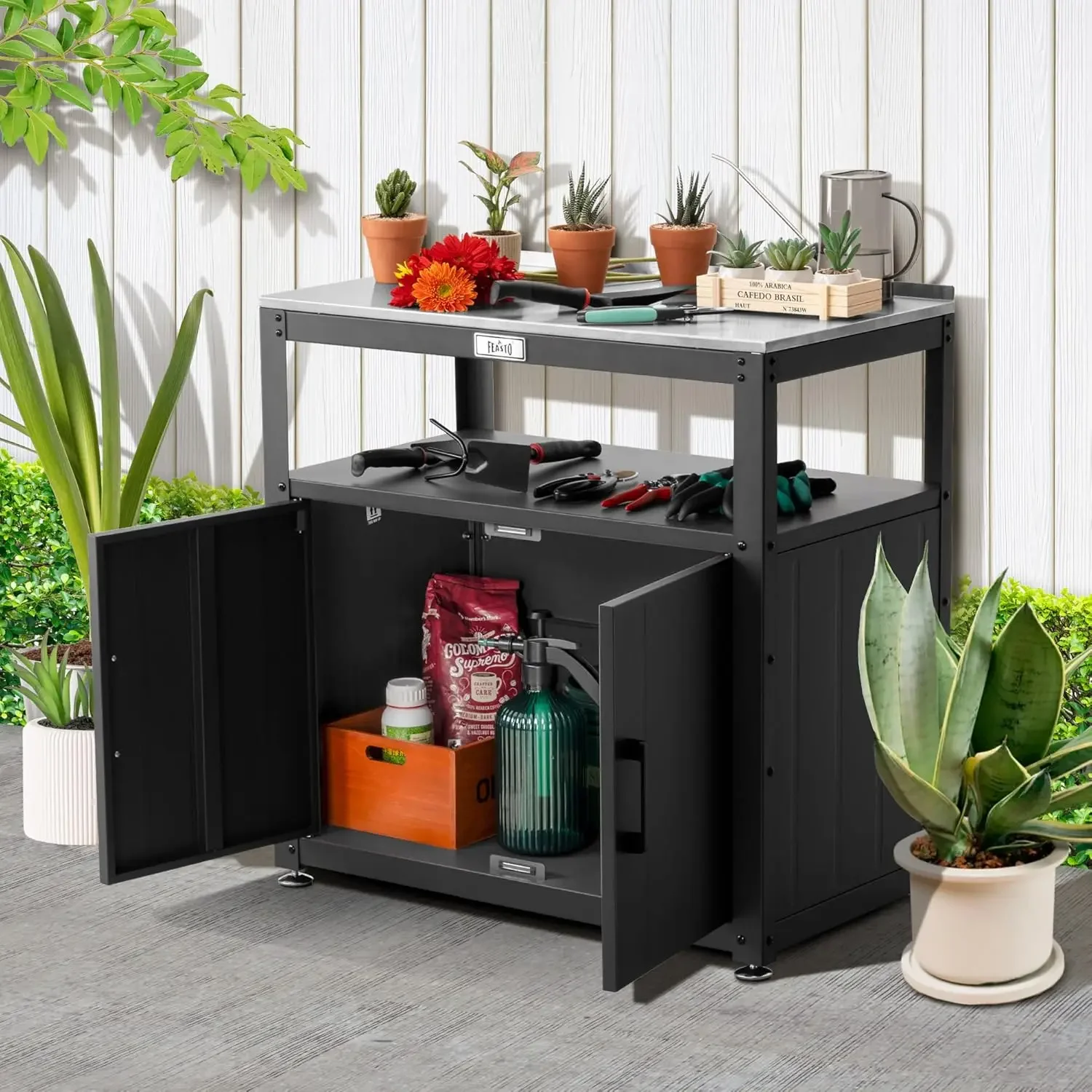 Outdoor Garden Potting Bench Work Station Table Stainless Steel Top Plants Horticulture Storage