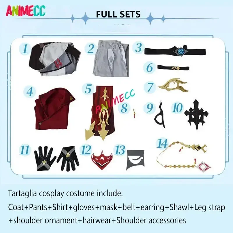 ANIMECC-Tartaglia Cosplay Costume para Homens e Mulheres, Genshin Impact Outfit, Perucas, Máscara, Sapatos, Jogo de Anime, Festa de Halloween, XS-XL