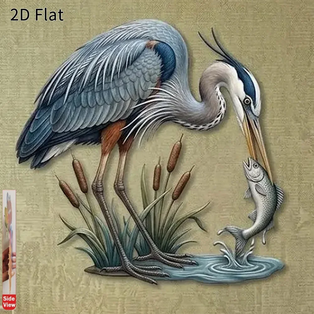 CIFBUY 1pc 2D Flat Great Blue Heron Fishing Metal Wall Hanging, Durable Rustic Wildlife Themed Wall Art for Living Room