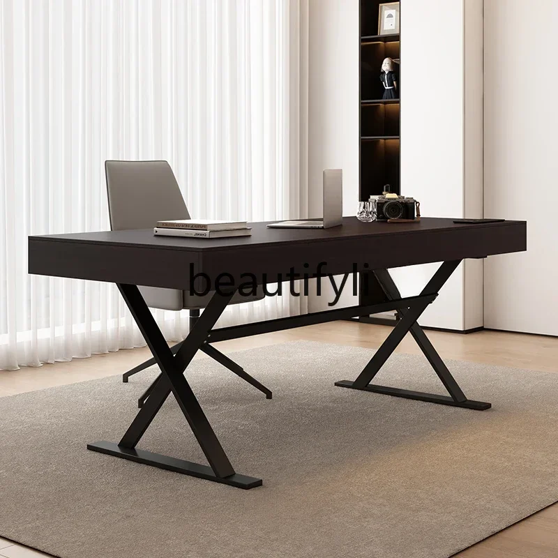 

LXSmoked wood color Italian minimalist solid wood desk study modern simple light luxury boss desksss