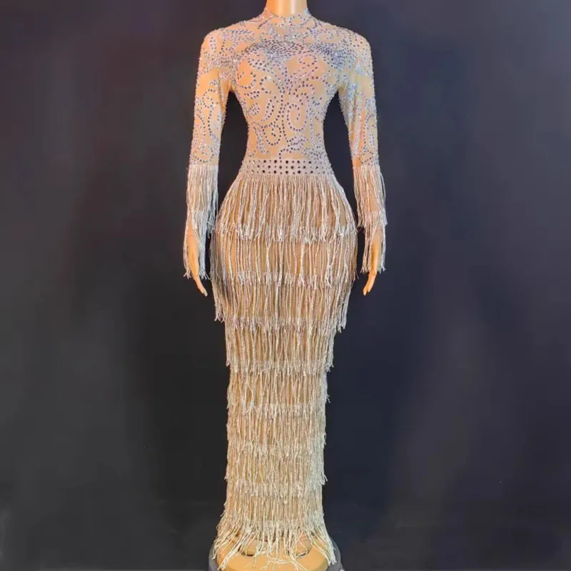 Vestido largo con flecos de cadera envuelta en malla elástica con diamantes de agua para mujer, cantante de fiesta europea y americana, vestido de actuación en escenario