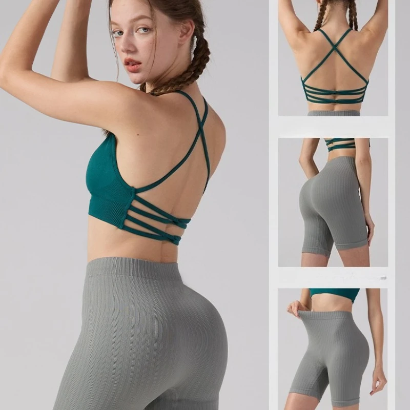 

Quick Drying Women's Body Shaping Yoga Vest Fitness Suit Cross Back Integrated Sports Bra Thread Yoga Shorts Three Quarter Pants