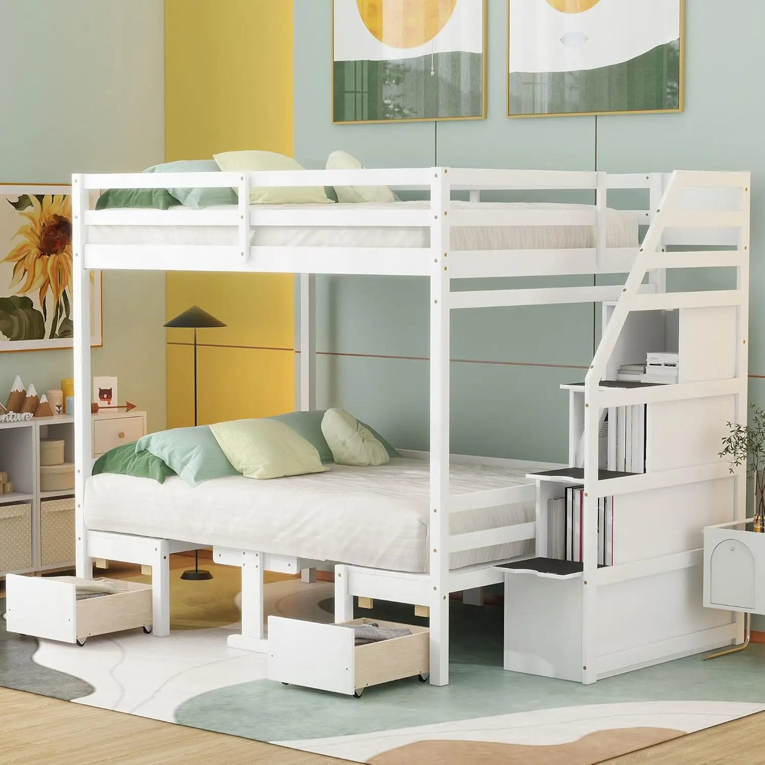 

Full Over Full Bunk Beds with Stairs, Wood Loft Bed w/Desk and 2 Storage Drawers, Seat Can be Turned Into Bunk Bedframe