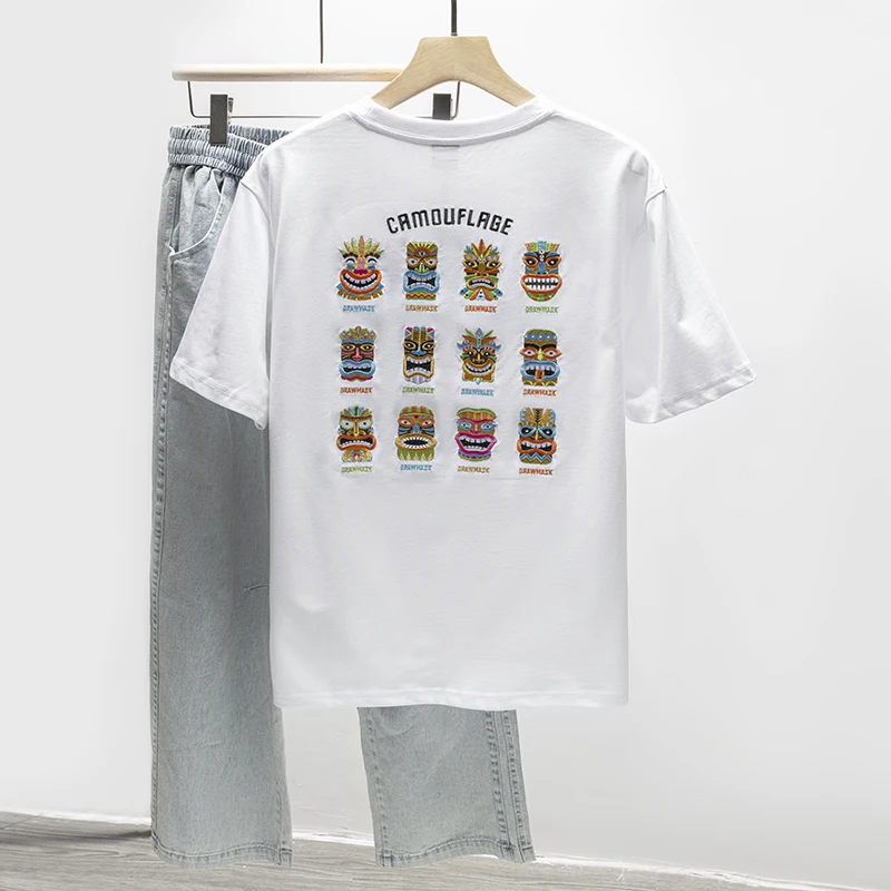 

Pure Cotton Short Sleeve T-Shirt Men's Retro White Loose Large Size Trendy Brand Summer New Half Stitching Body T-Shirt