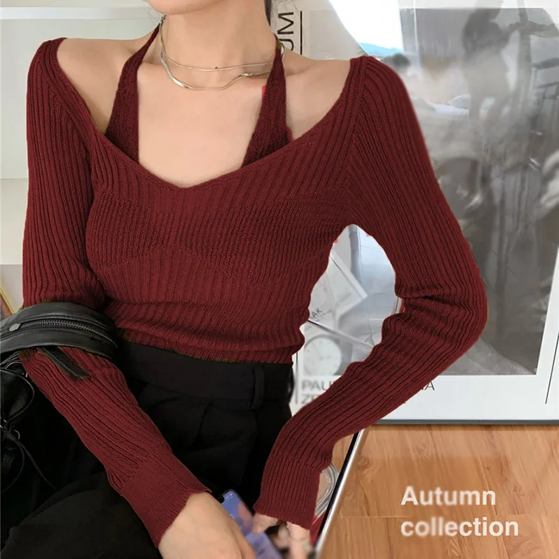 Autumn Spring Women Knit Sweater Off Shoulder Knitted Pullover Jumper Sweaters Sexy Knit Halter Neck Tops