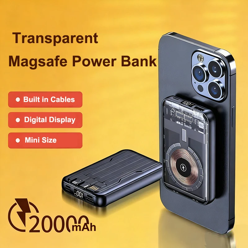 

20000mAh Transparent Magsafe Power Bank Built in Cable Magnetic Wireless Fast Charger for iPhone Samsung Huawei Xiaomi Powerbank