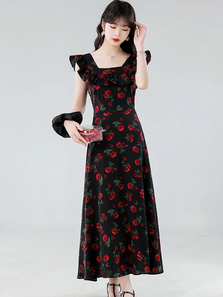 夏黒シフォンレッド花柄シックなフリルスクエアカラードレス女性韓国ヴィンテージヘップバーンドレス 2025 エレガントなボディコンドレス
