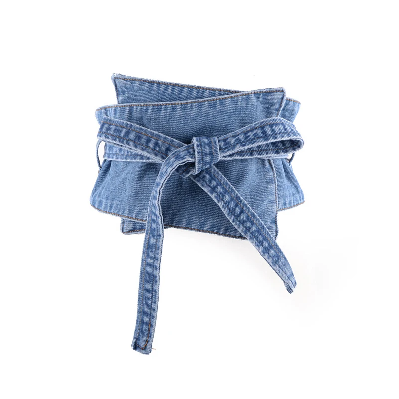 Women Denim Belt Peplum Waist Cinch Wide Corset Bow Belts For Dress Gothic Bicyclic Patchwork Lace Up Bow Removable Waistband