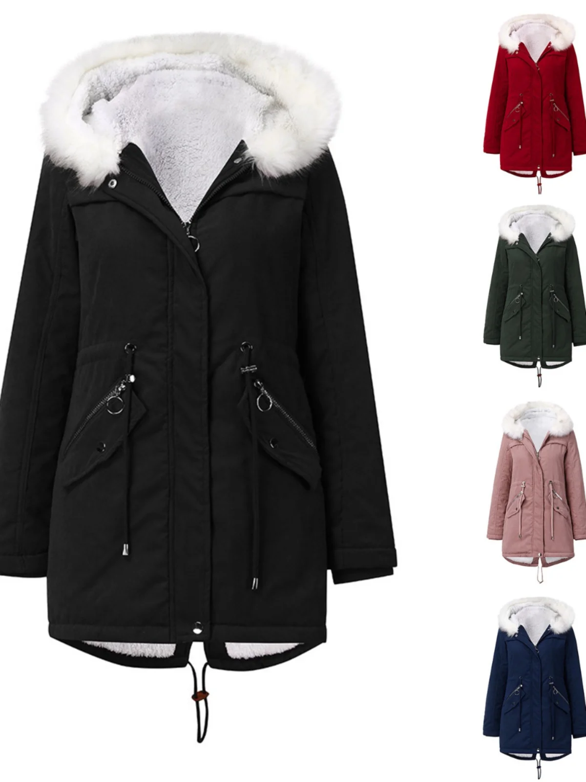 

Теплая хлопковая женская зимняя куртка с меховым воротником, капюшоном, средней длины, на молнии, с длинными рукавами, для трансграничной торговли