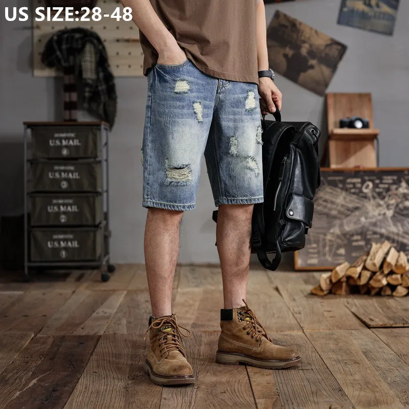 Summer Cotton Denim Shorts Mens Punk Style Half Trousers Male Straight Plus Size 42 44 46 48 Ripped Scratched Jeans Streetwear