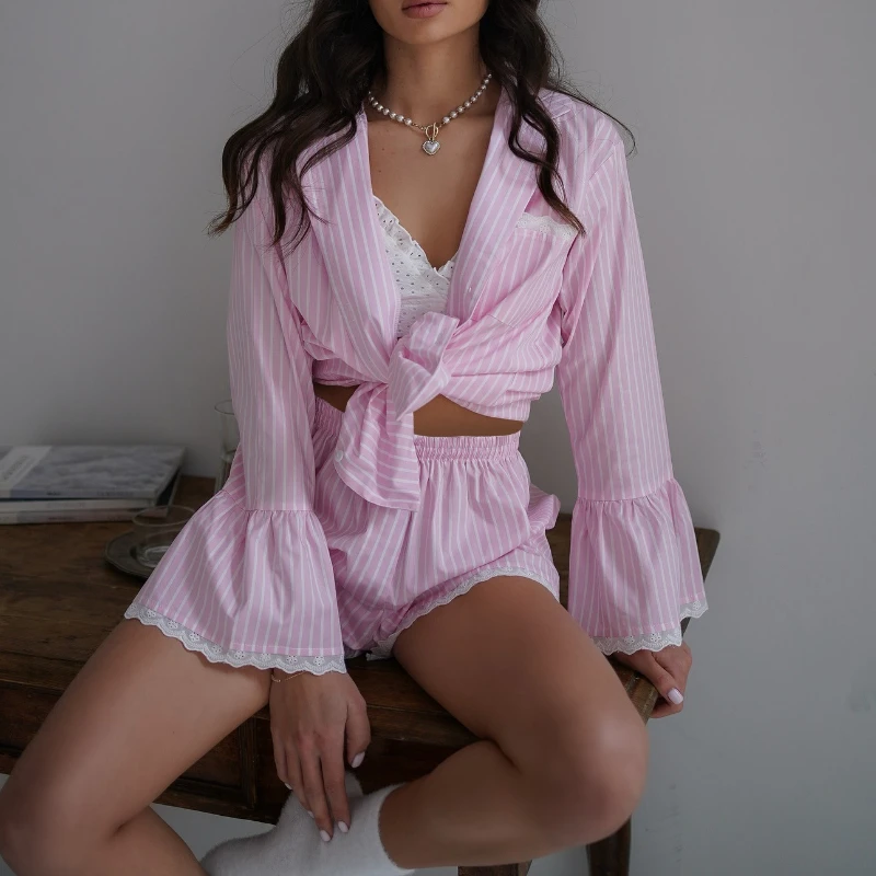 

2 Pieces Set Pajamas Women Summer Pink Striped Long Petal Sleeve Spliced Lace Shorts Suit Sweety Loungerwear Casual Homewear