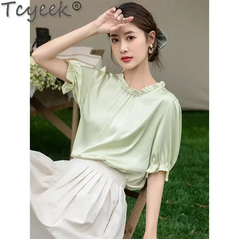 

Heavyweight 19 Mm 100% Real Mulberry Silk Blouse Summer Short Sleeve T-shirts Ladies Clothes Tshirt Blusa Mujer Elegante