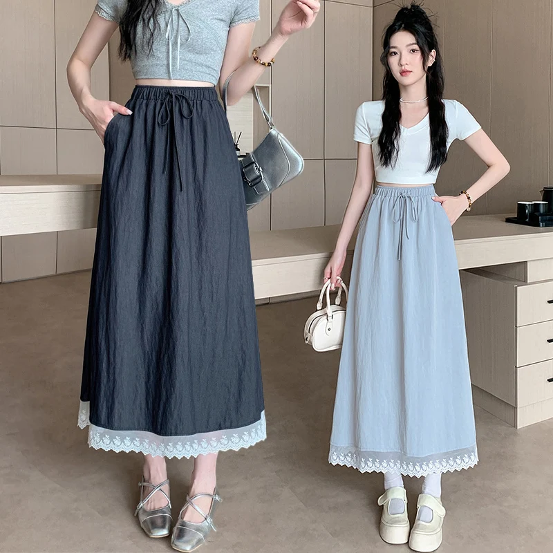 

Новая корейская женская винтажная повседневная длинная юбка для отпуска, летняя шикарная юбка А-силуэта средней длины с кружевными вставками и эластичной высокой талией