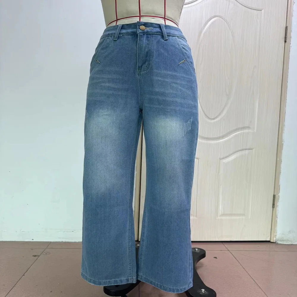 Women Vintage Washed Denim Jeans Middle Waist Wide Leg Pants Ladies Casual Full Length Jean