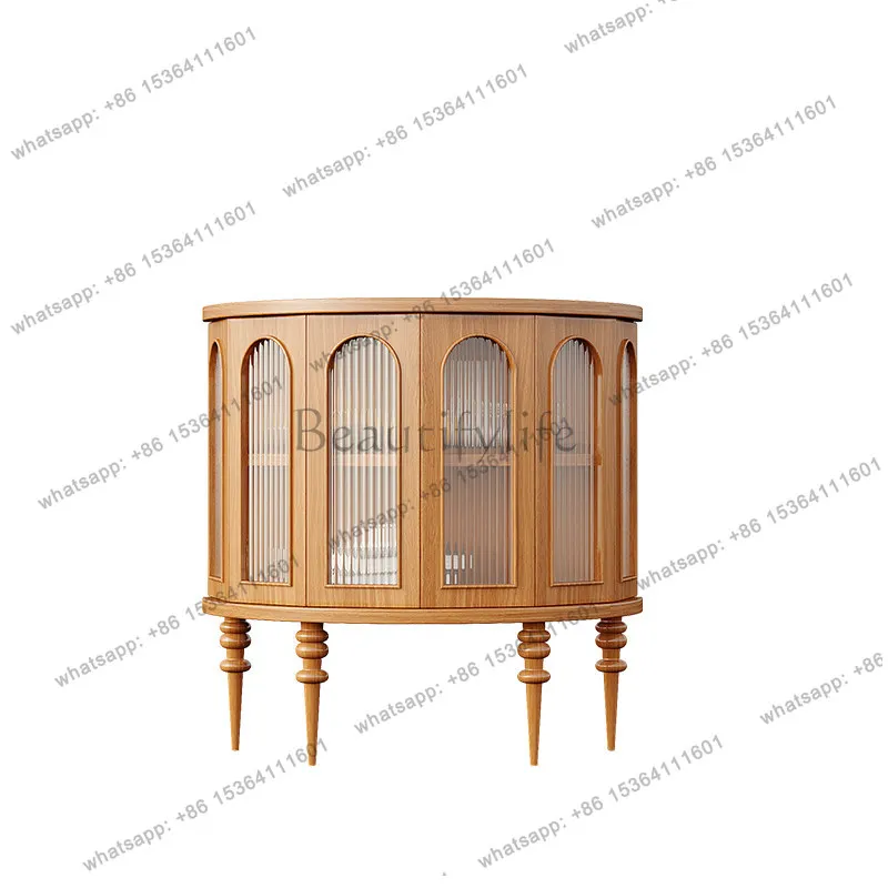 

French medieval dining side cabinet retro solid wood glass semicircular entrance cabinet