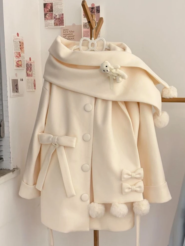 2025年冬新作 ベア柄スカーフ付き 雰囲気のある和風 ソフトガール ミドル丈 ウールコート 甘くて可愛いセット レディースファッション
