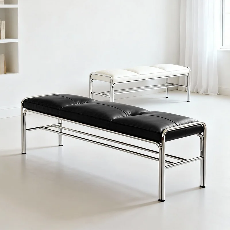 Simple modern stainless steel bench dining chair bench Italian light luxury leather home soft bag shoe changing stool