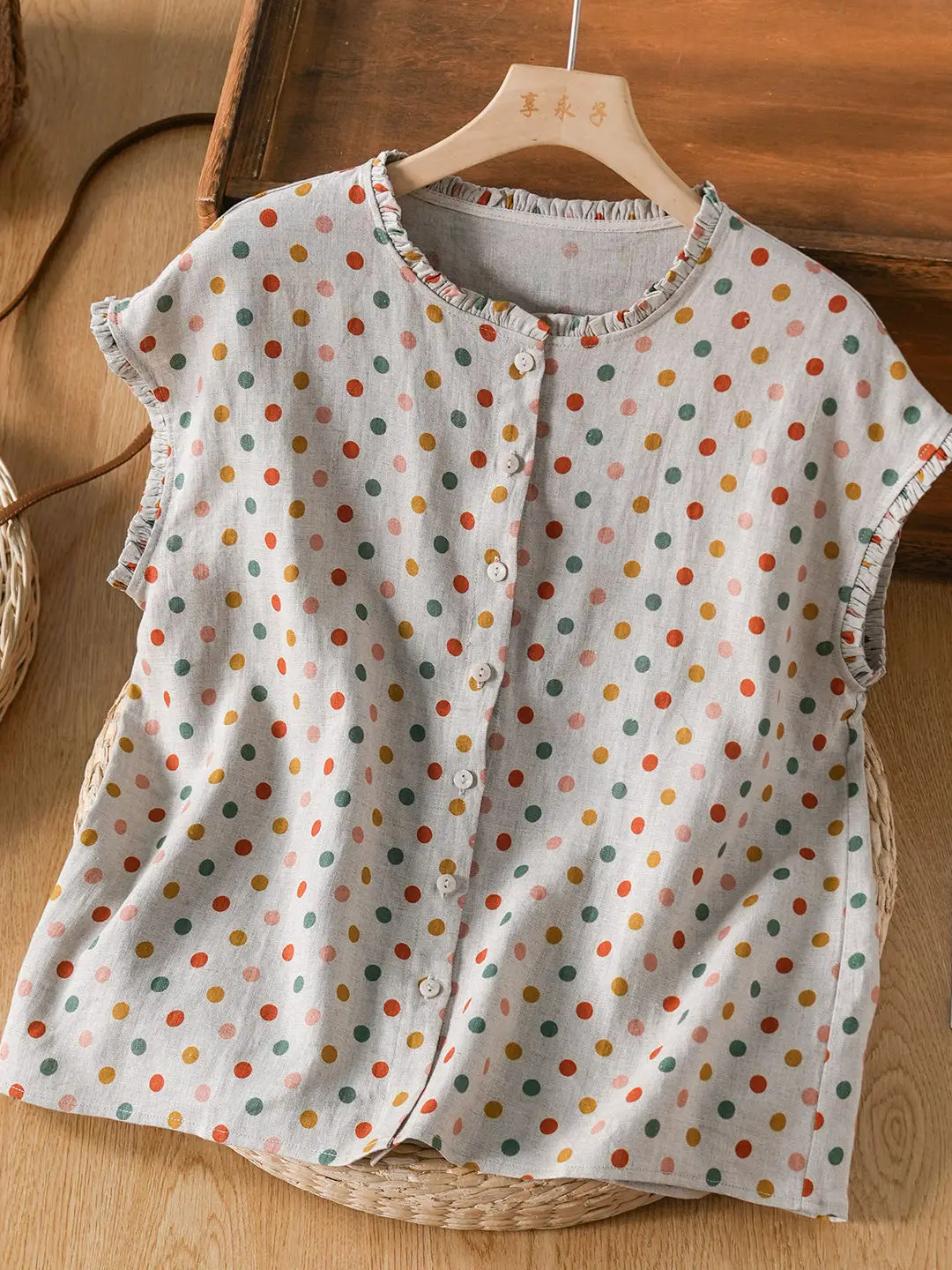

Loose Polka Dot Sleeveless Simple Printed Vest Casual Commute Style Women's Summer Breathable Cotton Top with Wood Grain