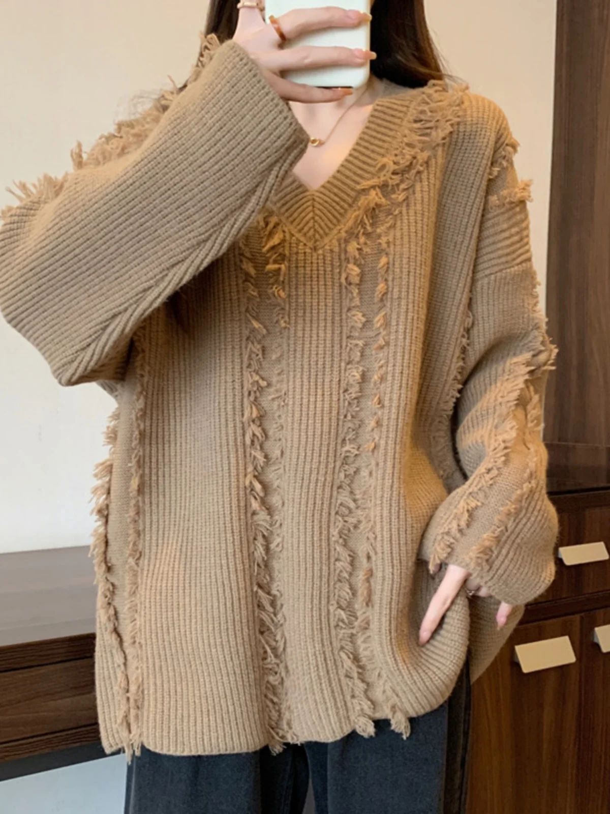 

plus Size Knitwear V-Neck Long Sleeve Casual Loose Fit Autumn Winter plus Size Women's Clothing Meat Concealing Comfortable S...
