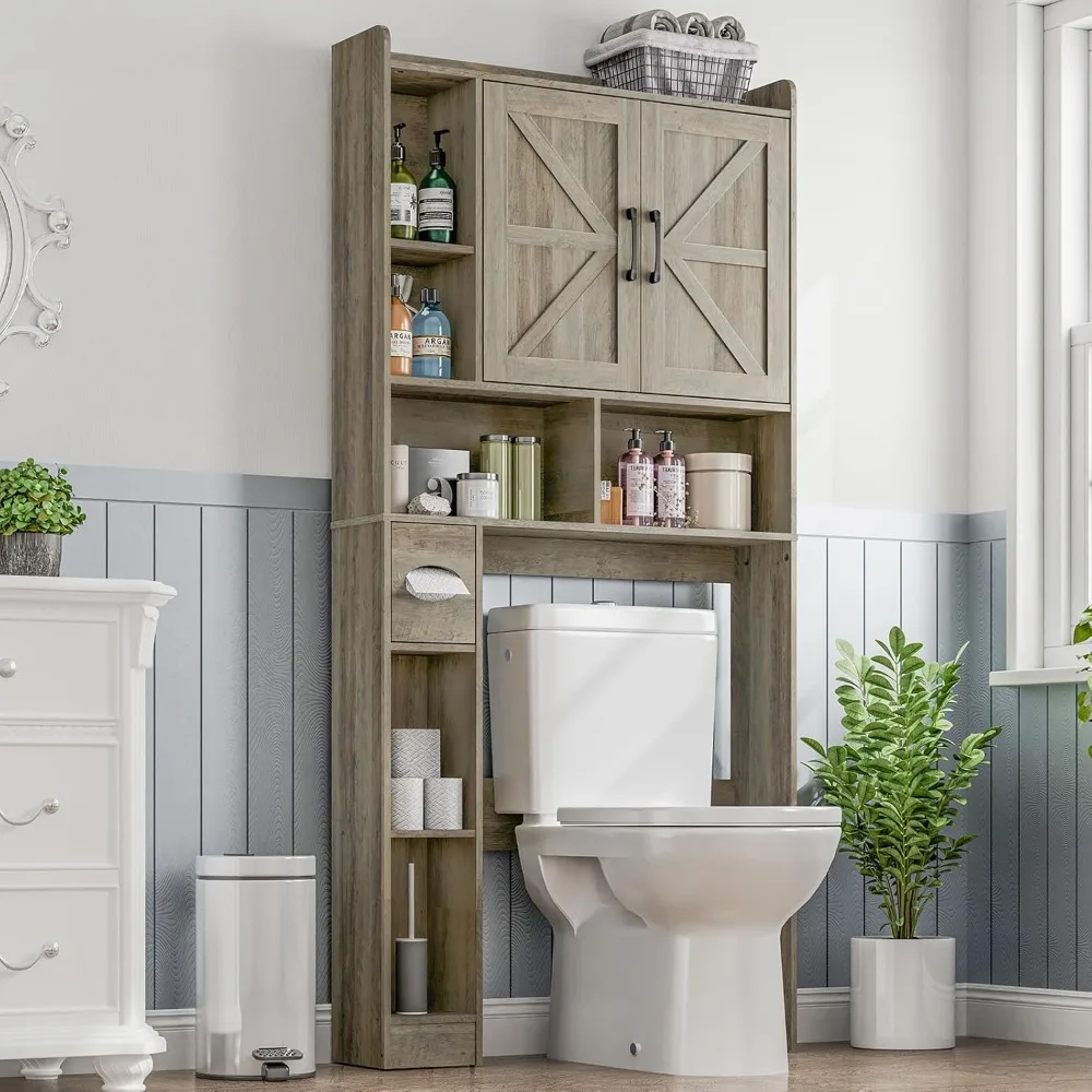

Over The Toilet Storage Cabinet, Farmhouse Storage Cabinet Over Toilet with 2 Barn Door & Toilet Paper Holder Stand for Bathroom