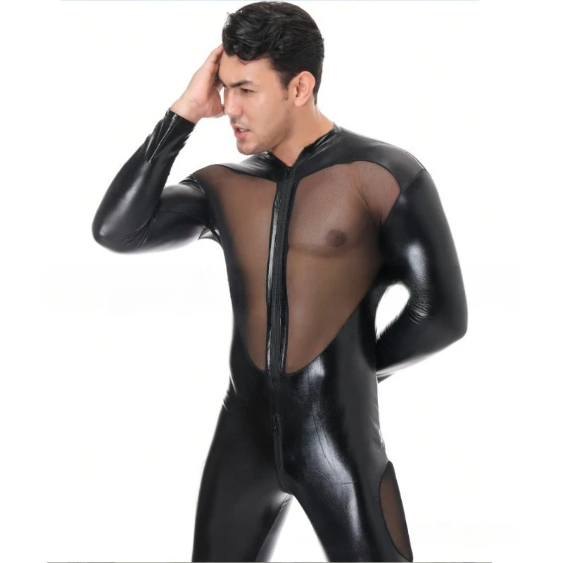 2025 Body de lingerie masculina europeia de látex e malha |   Traje fetiche de painel transparente para apresentações de palco e eventos adultos