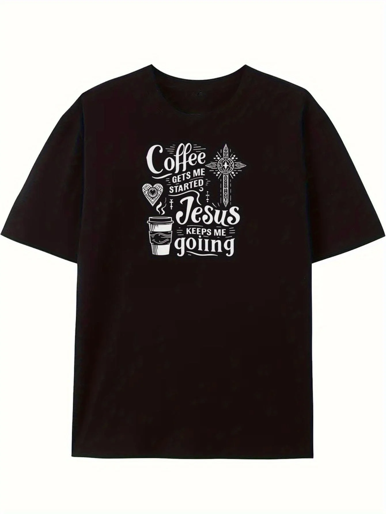 

Mens Casual Summer Short-Sleeve Crewneck T-Shirt Royal Blue with Inspirational Coffee Gets Me Started Jesus