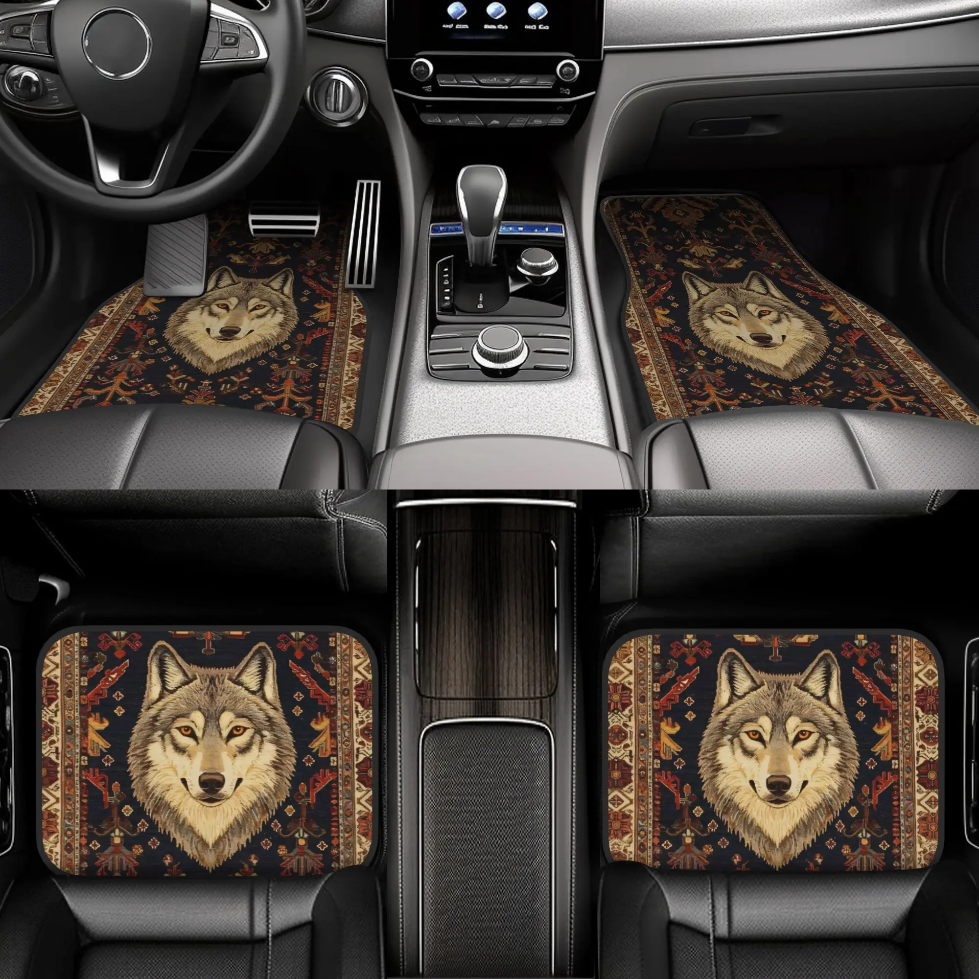 

4pcs Bohemian Wolf & Design Car Floor Mats Set - All-Weather Fit Auto Floor Liners, Easy-Clean, Driver/Passenger/Rear/Trunk Cove
