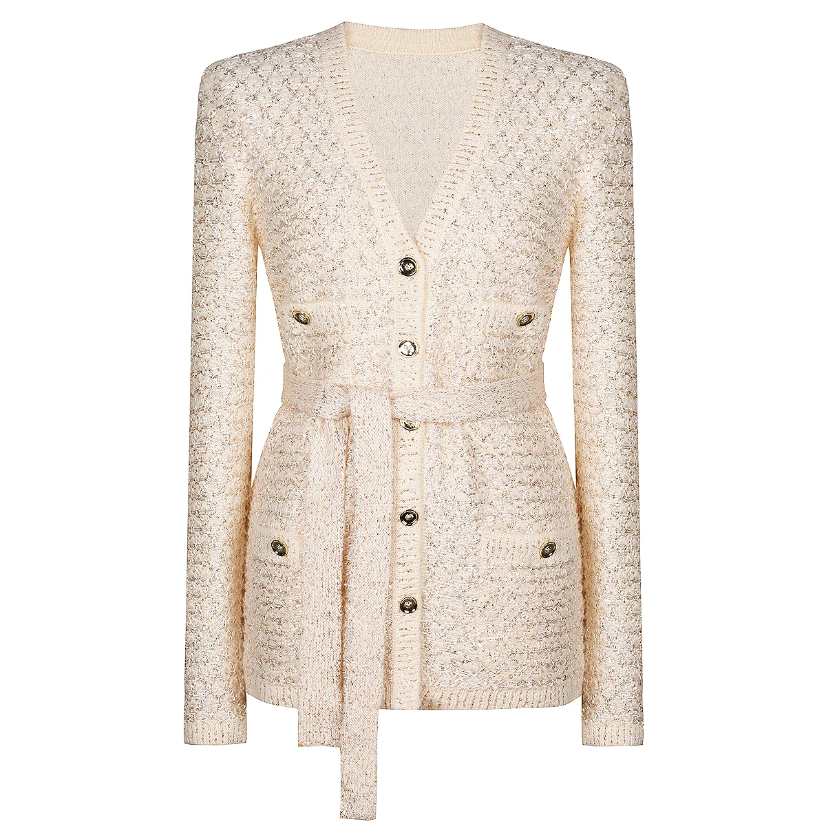 Spring And Autumn New Fashionable High Quality Glitter Belt Knitted Long Sleeve V-Neck Single Breasted Cardigan Top Coat
