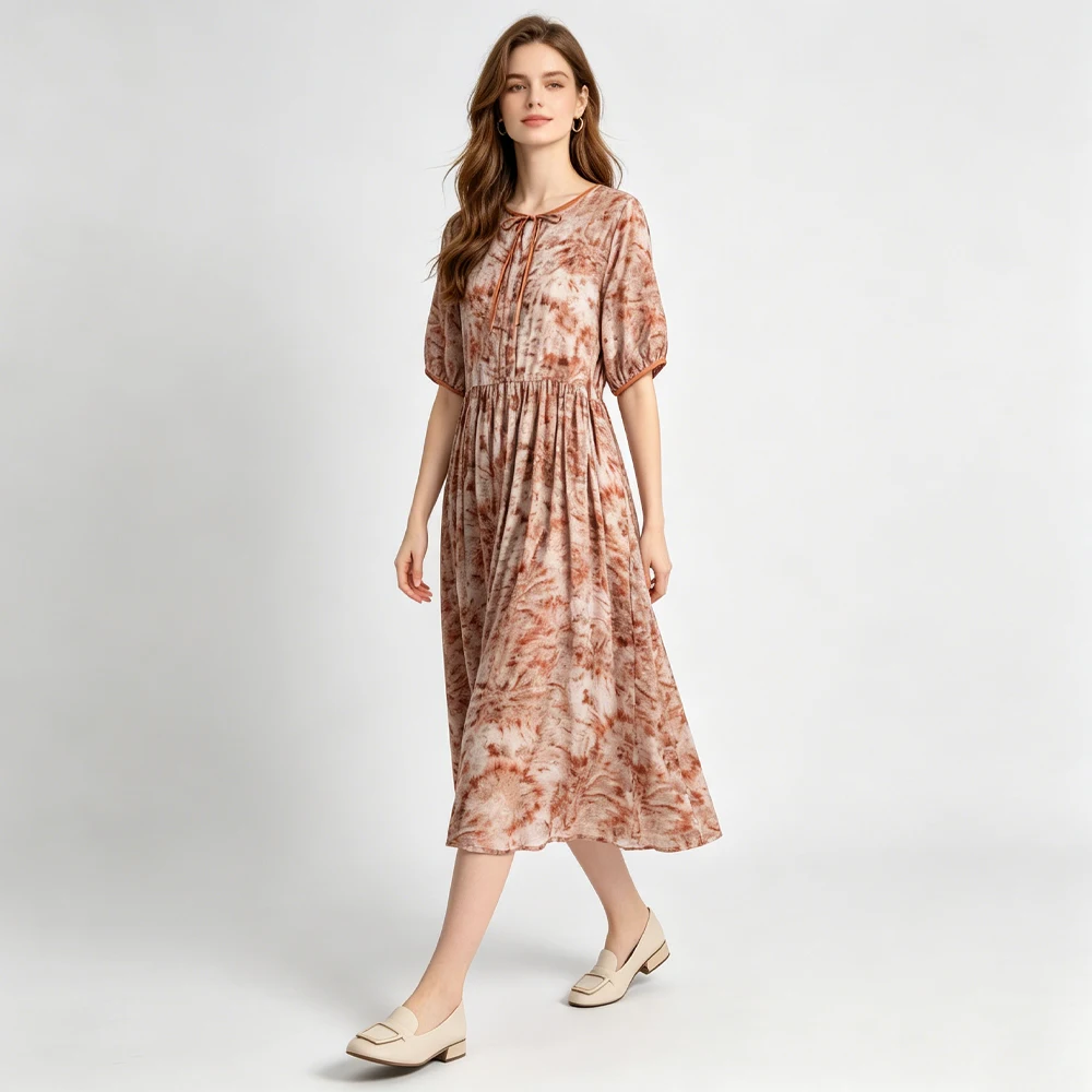 2026 Women's Casual Summer New 100% Natural Mulberry Silk Double Crepe Maple Leaf Tie Dyeing Round Neck Loose Large Swing Dress