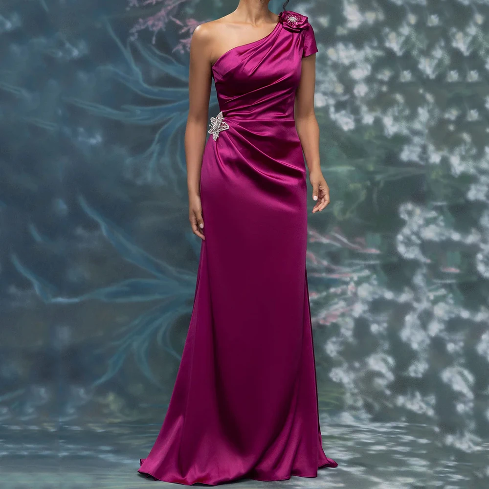 

Women's A-line Evening Dresses Floor-length One-shoulder Sleeveless Prom Gown Fashion Flowers Crystal Draped Customized Gowns