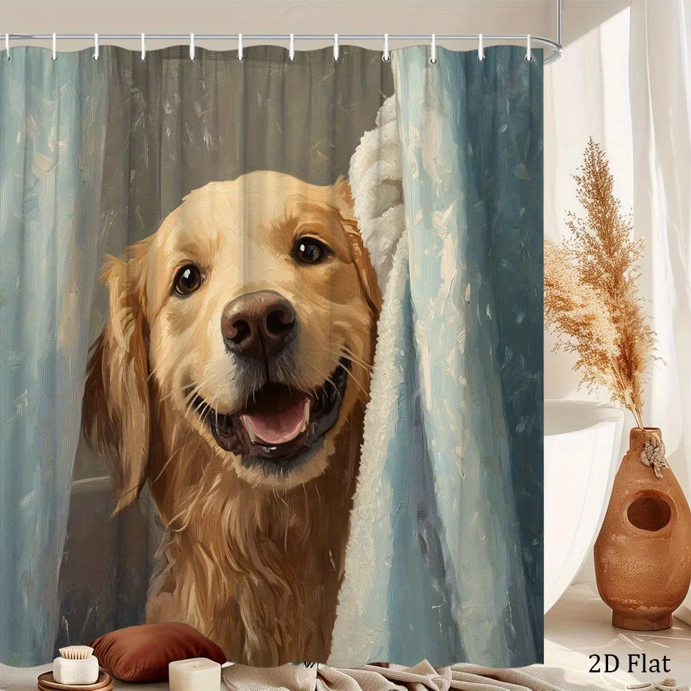 1pc Golden Retriever Shower Curtain - Playful Dog Peeking Behind Blue Curtain Design, Realistic Wet Coat Details, 70.8x70.8 Inch