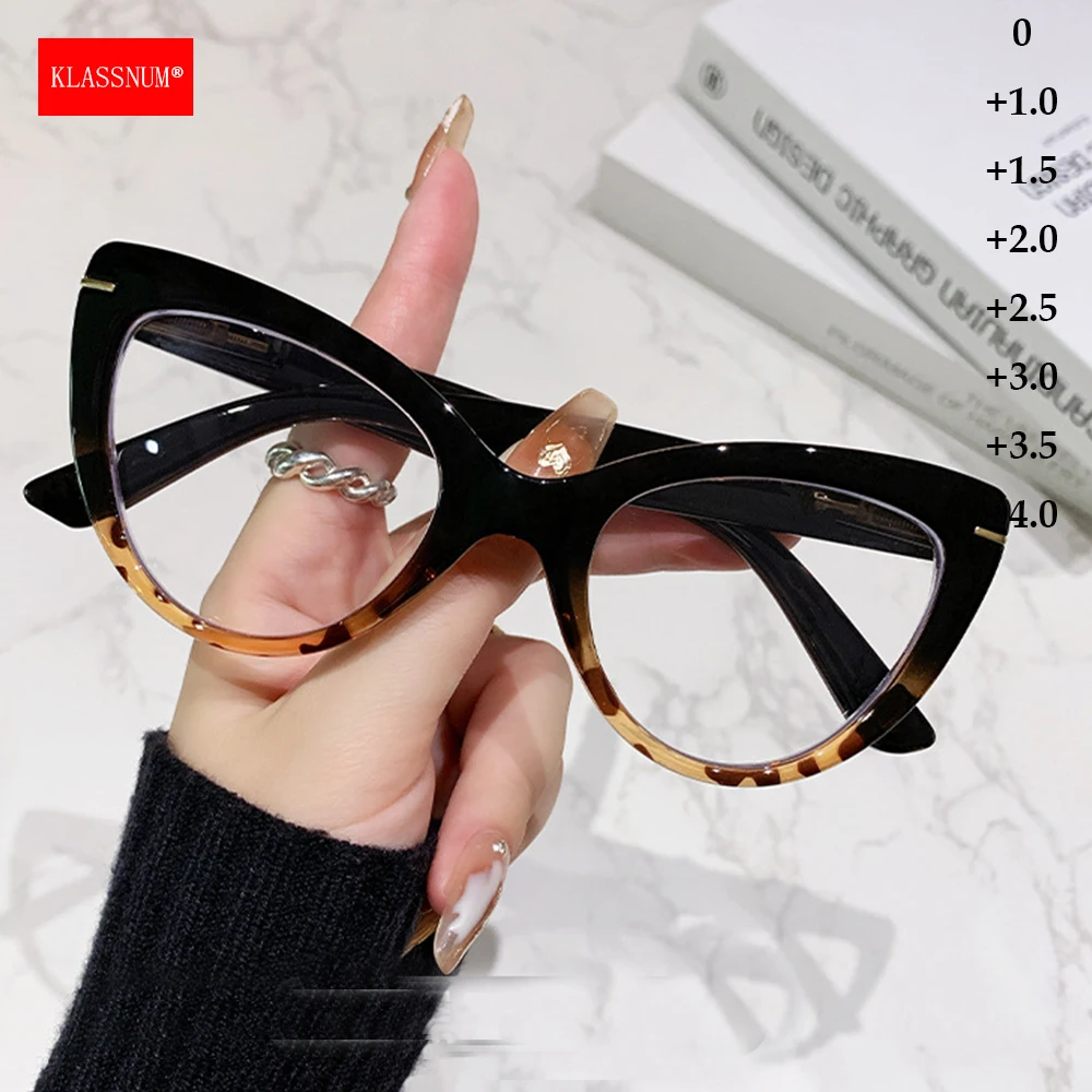KLASSNUM Thick Frame Cat Eye Reading Glasses Women Magnifying Anti Blue Light Lens Plus Presbyopia Eyewear +1.0+1.5+2.0+2.5+3.0