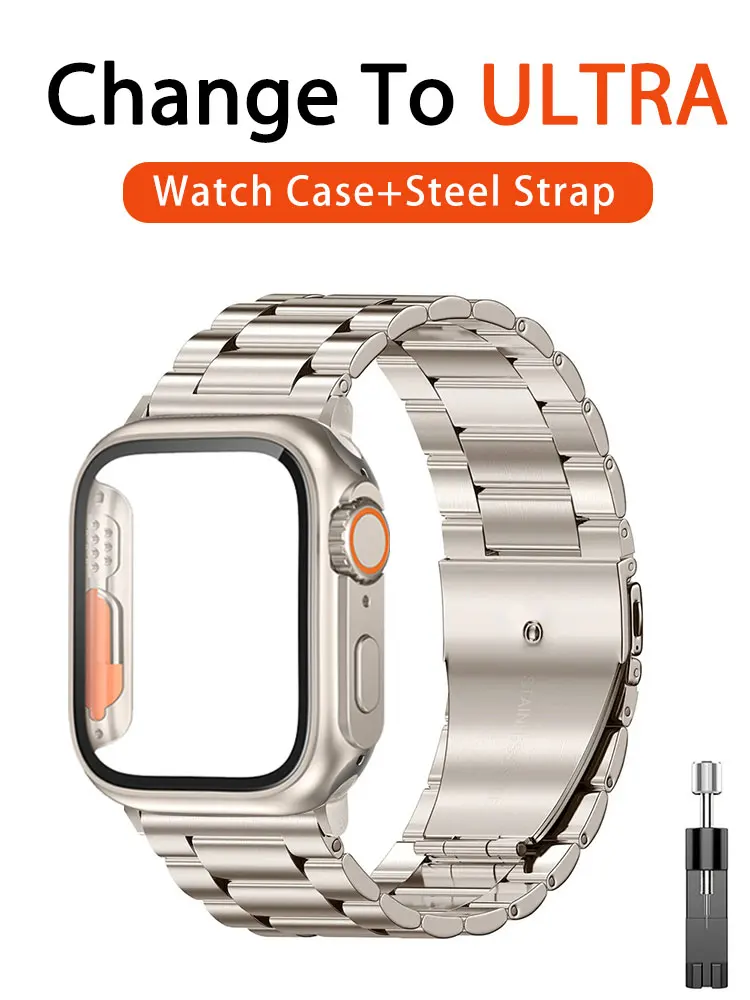 Metal Strap For Apple Watch Band 45mm 44mm 42mm iWatch 8 7 6 5 4 SE 41 40 38mm Glass Appearance Upgrade 49mm Turning into Ultra