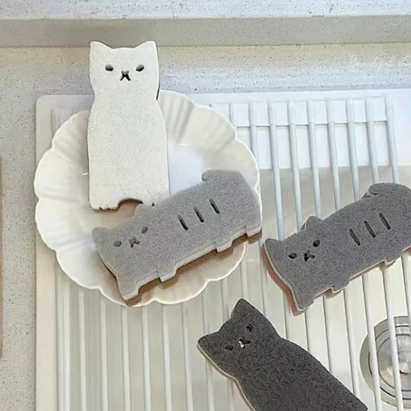 4-piece Cute Cat Kitchen Sponge Set - Thick And Durable Dishwashing And Cleaning Tools