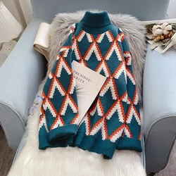 EBAIHUI Fashion Women's Turtleneck Sweater Korean Chic Winter Pullover Oversized Long Sleeve Knitted Lady Argyle Sweaters